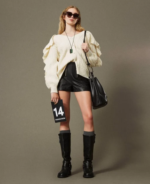 Cardigan En Laine Mélangée Avec Volants