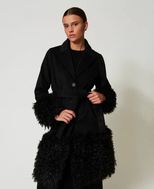Manteau En Drap De Laine Mélangée Et Fausse Fourrure