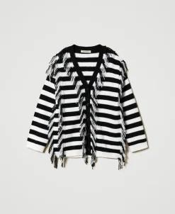 Maxi Cardigan En Maille Rayée Avec Franges