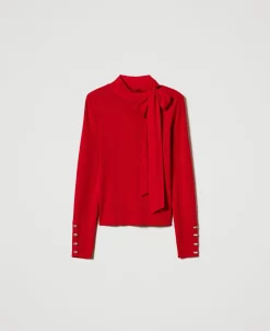 Pull Col Montant Avec Nœud Et Broderie