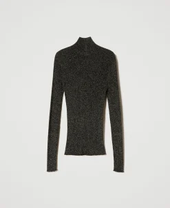 Pull Col Montant En Lurex Côtelé