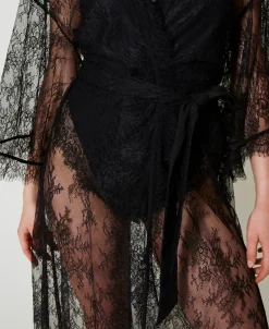 Robe De Chambre Longue En Dentelle Avec Ceinture
