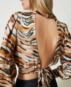 Blouse Cropped En Satin Animalier