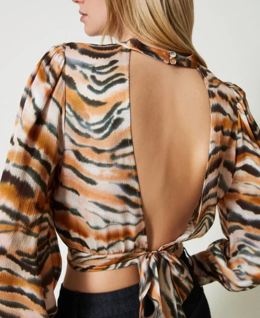 Blouse Cropped En Satin Animalier