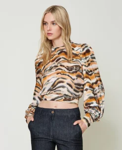 Blouse Cropped En Satin Animalier