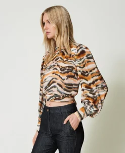 Blouse Cropped En Satin Animalier