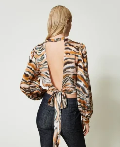 Blouse Cropped En Satin Animalier