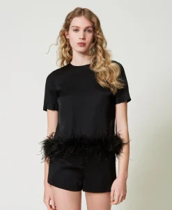 Blouse En Satin Avec Plumes