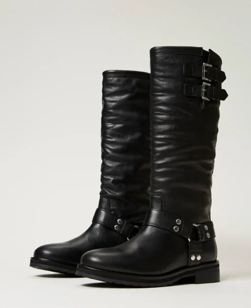 Bottes Motardes «Darcy» En Cuir Avec Brides