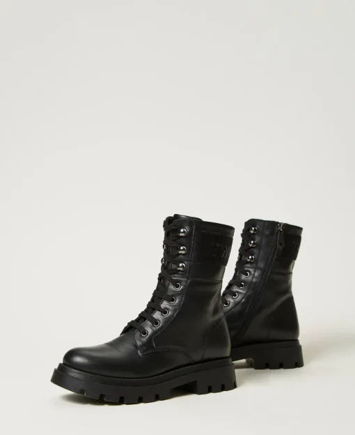 Bottines Motardes En Cuir Avec Logo