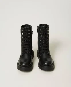 Bottines Motardes En Cuir Avec Logo