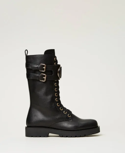 Bottines Motardes Montantes En Cuir Avec Oval T
