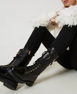Bottines Motardes Montantes En Cuir Avec Oval T