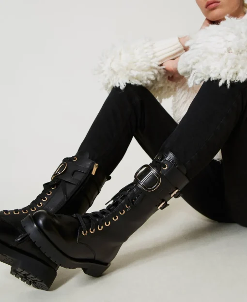 Bottines Motardes Montantes En Cuir Avec Oval T