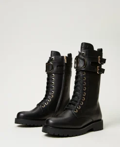 Bottines Motardes Montantes En Cuir Avec Oval T