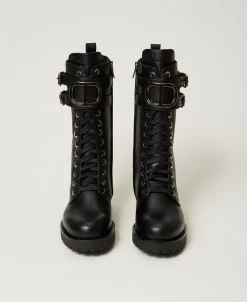 Bottines Motardes Montantes En Cuir Avec Oval T