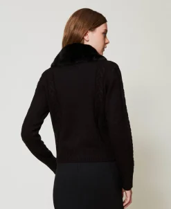 Cardigan Court Avec Col En Fausse Fourrure