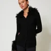 Cardigan En Laine Mélangée Et Fausse Fourrure