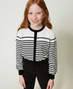 Cardigan Rayé Avec Logo Jacquard