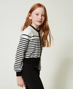 Cardigan Rayé Avec Logo Jacquard