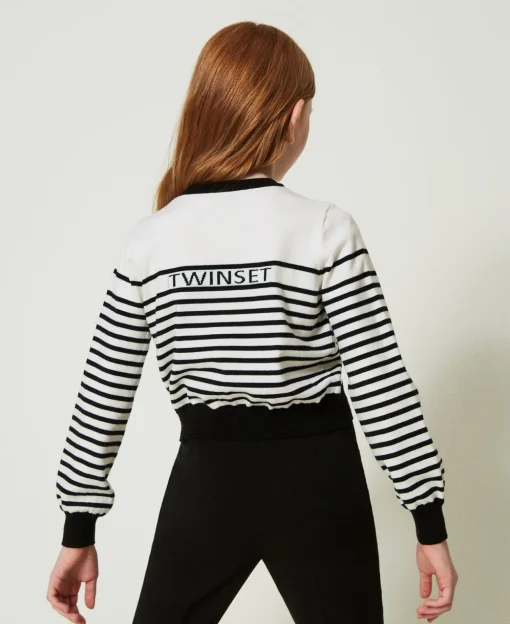 Cardigan Rayé Avec Logo Jacquard