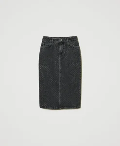 Jupe Mi-longue En Jean Avec Strass