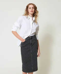 Jupe Mi-longue En Jean Avec Strass