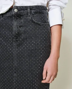 Jupe Mi-longue En Jean Avec Strass