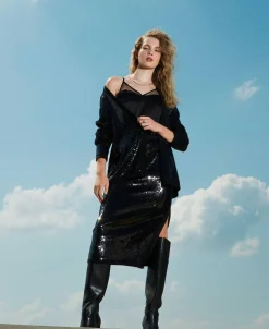 Jupe Mi-longue En Maille Avec Sequins All-over