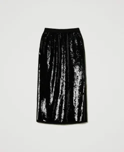 Jupe Mi-longue En Maille Avec Sequins All-over
