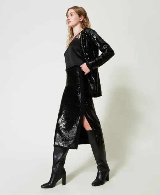 Jupe Mi-longue En Maille Avec Sequins All-over