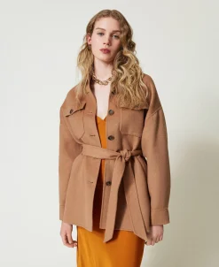 Manteau Caban En Drap Double De Laine Mélangée