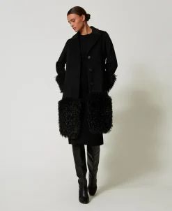Manteau En Drap De Laine Mélangée Et Fausse Fourrure