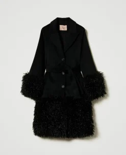 Manteau En Drap De Laine Mélangée Et Fausse Fourrure