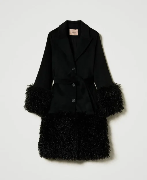 Manteau En Drap De Laine Mélangée Et Fausse Fourrure