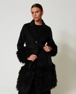 Manteau En Drap De Laine Mélangée Et Fausse Fourrure