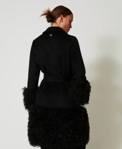 Manteau En Drap De Laine Mélangée Et Fausse Fourrure
