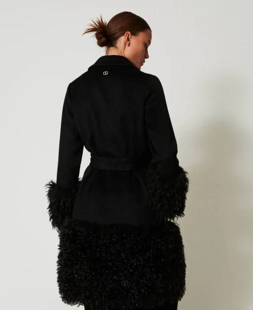 Manteau En Drap De Laine Mélangée Et Fausse Fourrure