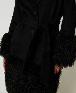 Manteau En Drap De Laine Mélangée Et Fausse Fourrure