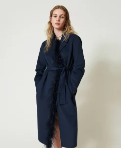 Manteau En Drap Double De Laine Mélangée Avec Plumes