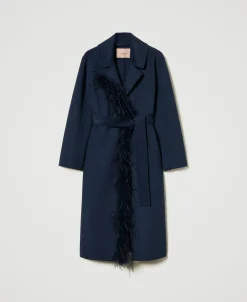 Manteau En Drap Double De Laine Mélangée Avec Plumes