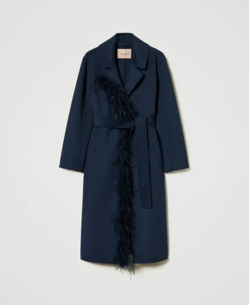 Manteau En Drap Double De Laine Mélangée Avec Plumes
