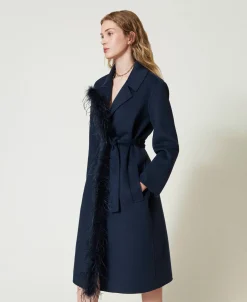 Manteau En Drap Double De Laine Mélangée Avec Plumes