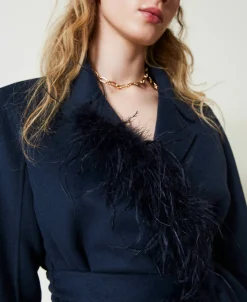 Manteau En Drap Double De Laine Mélangée Avec Plumes