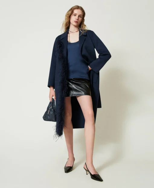 Manteau En Drap Double De Laine Mélangée Avec Plumes