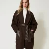 Manteau En Laine Mélangée Avec Poches Effet Cuir