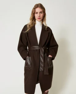 Manteau En Laine Mélangée Avec Poches Effet Cuir