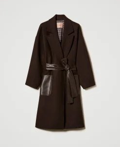 Manteau En Laine Mélangée Avec Poches Effet Cuir