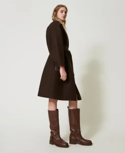 Manteau En Laine Mélangée Avec Poches Effet Cuir