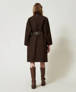 Manteau En Laine Mélangée Avec Poches Effet Cuir